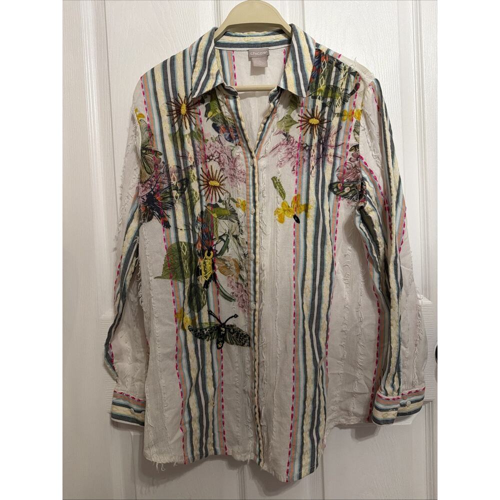 CHICOS Womens 2 L Striped Beaded Floral Button Front Shirt Boho Resort Artsy EUC